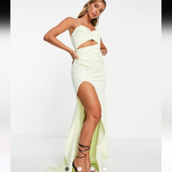 ASOS DESIGN bardot cut-out detail wrapfishtail maxi dress in washed lime.8 NWOT - Picture 2 of 15